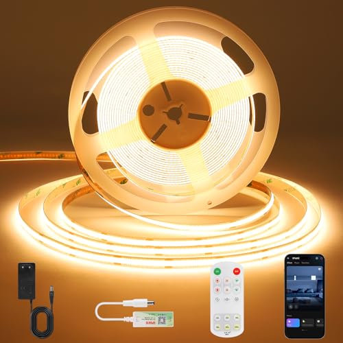 ACELUMO Ruban LED COB 5m, Ruban LED Blanc Chaud avec Smart App et Telecommande, Fonction Minuterie, Couleur Dynamique, Mode Musique pour Mural, TV, Cuisine Salon, 3000K