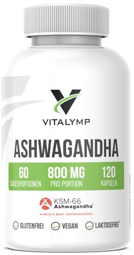 Ashwagandha KSM-66® – 800 mg reiner Wurzelextrakt pro Tag – 120 vegane Kapseln – Premium Wurzelextrakt mit 5% Withanoliden – VITALYMP