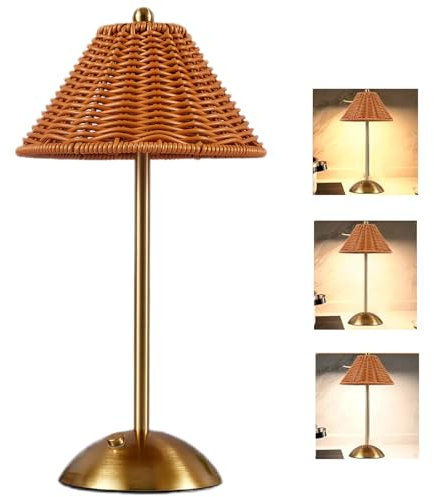 Boho - Lámpara de mesa de ratán inalámbrica, mimbre recargable, bambú regulable, control táctil, luz nocturna para recámara, sala de estar