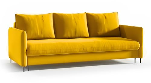 Belissa Sofa mit Schlaffunktion Velours mit Bettkasten 216 x 91 cm grau mit Schlaffunktion 3-Sitzer Sofa für Wohnzimmer mit Schlaffunktion aus Samt (Riviera 41 - gelb)