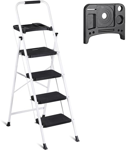 ZENY 4 Step Ladder, Folding Step Stool for Adults, Portable Steel Ladder with Tool Platform, Wide Anti-Slip Pedal, Safety Locking, Lightweight (White)