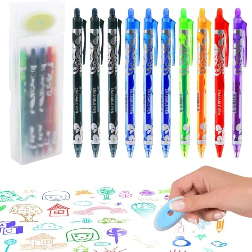 Axinost 10 radierbare Kugelschreiber und 2 Radiererbefinden. 3 blau, 3 schwarz, 1 lila, 1 grün, 1 orange und 1 rot. 0.5mm Tintenroller Löschbarer Gelschreiber Radierstift (Klickmodell)