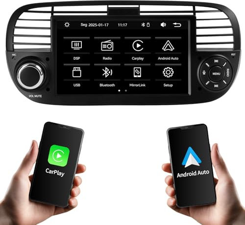 Autoradio per Fiat 500 (2007-2015) Supporto wireless/cablato Carplay e Android Auto, supporto radio AM/FM/RDS/USB, autoradio touch screen HD da 7 pollici,Autoradio con regolazione EQ, nero