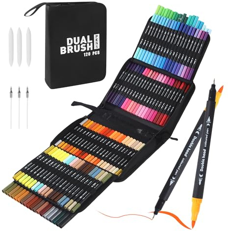 Brush Pen Lettering 120 Colori,Pennarelli Doppia Punta Fine e Grossa Pennello,Pennarelli Acquerellabili Adatto Agli Adulti,Molto Adatto per Pittura, Calligrafia, Graffiti e Fatti a Mano