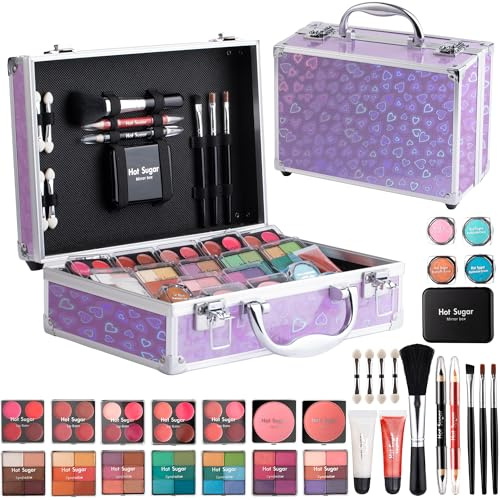 Hot Sugar Girls Makeup Set, Complete Starter Cosmetics Kit with Eye Shadow, Lip Balm, Blush, Lip Gloss, Brushes, Eye Pencils and Mirror (Purple Love)