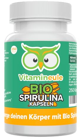 Bio Spirulina Kapseln - hochdosiert 2.000 mg - kleine Kapseln - vegan - Produktion in Deutschland - ohne Zusatzstoffe & laborgeprüft - für Erwachsene und Kinder - 250 Kapseln mit 500 mg - Vitamineule®