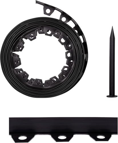 10m Flexible Garden Border Edging – 32ft Black Lawn & Landscape Edge Strip, 4cm High with 20 Pegs, Easy-Cut & Weatherproof Plastic Edging for Beds, Paths & Lawns