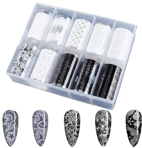 SOFPLATE 10 Rollen Nail Art Folien Spitze Transferfolie Nägel Set 1m x 4cm Weiß Schwarz Bunt Blumennmuster Holografisches Papier Aufkleber Abziehbilder Zubehör Für Maniküre Tipps Kunst DIY Dekoratio