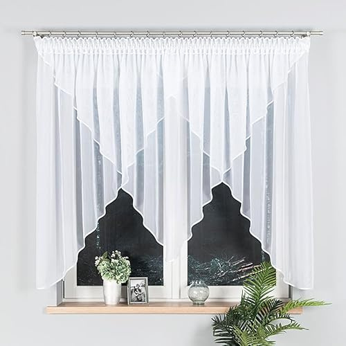 Gardinen Vorhangen Weiß Voile 300x150 cm (BxH) Jesse Elegante Weiße Voile Gardine mit Satinbesatz und Smokband Lange Kurze Transparent Bogen