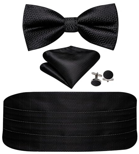Barry.Wang Cummerbund Bow Tie Set for Men, Silk Cummerbund Pretied Bow Tie Pocket Square Cufflinks