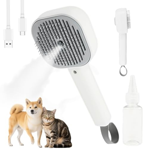 Katzenbürste mit Dampf 3-in-1 Dampfbürste Katze Automatische Reinigung Cat Steam Brush mit Sprühbild Kammzähne Edelstahl Pet Dampfbürste für Kurze Haare, Lange Haare, Lockiges Haar (Grau)
