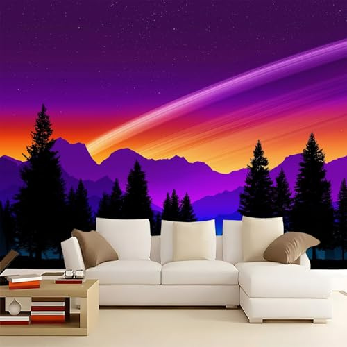 Morado Fondo de Pantalla PanoráMica 3d, Minimalismo Estrella Fugaz Montañas Fotomurales Mural 200 x 140 cm (An x Al) – Decoración de Pared Para Sala Cuarto Oficina y Salón