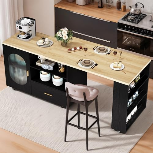 IBF Schwarz 184 cm Moderne Mobile Kücheninsel Freistehend | Freistehende Kücheninsel auf 7 Rollen mit 360 Grad drehbarer Holzplatte, flexible Arbeitsfläche für Küche und Esszimmer