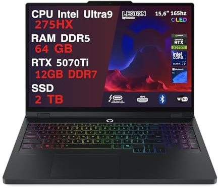 Lenovo Legion Pro 5 Pc Gaming Portatile ULTRA 9 275HX 20 Core, 64 GB RAM DDR5, GeForce RTX 5070Ti 12GB, SSD 2TB,Notebook Gaming Oled Display 16 165Hz,Laptop Gaming Tastiera RGB, WiFi 7, Thunderbolt 4