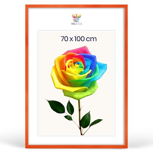 MG Design Bilderrahmen 70 x 100 cm – Posterrahmen mit Orange Holzrahmen (Echtholz) und bruchsicherem Acrylglas, Hoch & Quer mit verstärkter Wandaufhängung