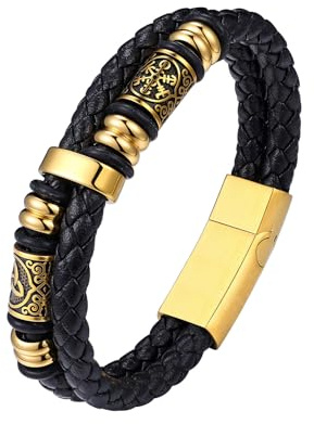 Bestyle Lederarmband Männer Wikinger Armband Herren Leder Personalisiert | Schwarz/Silber/Gold Armbänder mit Edelstahl Magnet Verschluss - 19/21/23/25CM Länge Flechtarmband Schmuck Geschenke