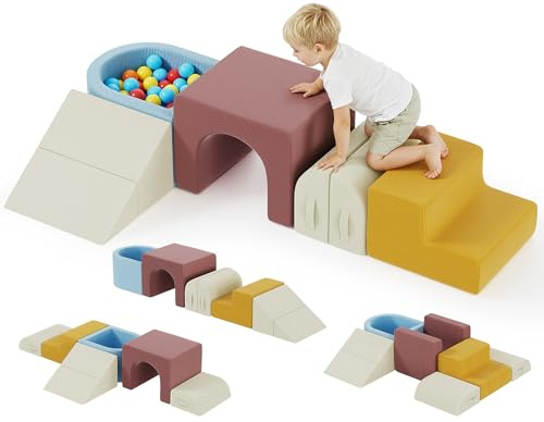 Juego de 7 Bloques de Espuma para Niños, Bloques de Escalada para Interiores, Bloques de Psicomotricidad con Piscina de Bolas, Figuras de Construcción, Juguete para Aprendizaje para Escalar y Gatear
