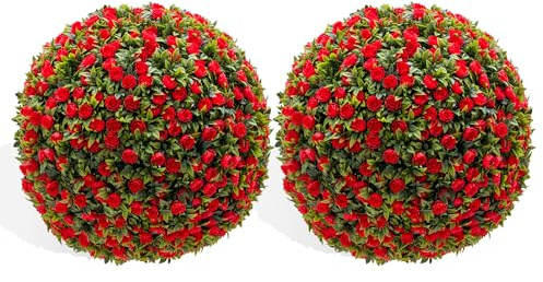 IDEALHOUSE 2 Pcs Artificial Red Rose Flower Ball,17'' Flower Ball Arrangement Bouquet,Wedding Rose Centerpieces,Fake Flowers Kissing Balls Decor for Home Outdoor Valentine's Day Party DIY Decorations