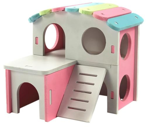 ALCXAZS Mäusehaus, Hamsterhaus, geräumiges Holzzimmer mit Treppe, Hamster können frei schlafen und Spielen, Kleintierhaus, Villa, Käfig, Bär, kleines Haustier, Hamster, Schlafplatz