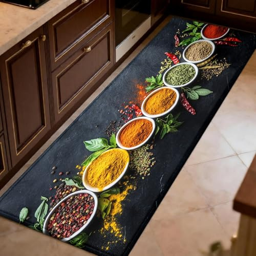 Küchenläufer 50 x 200 cm Gewürze und Würzmittel rutschfest und waschbar Schwarze Steinplatte Küchenteppich Anti-Müdigkeit, für Flur, Bad, Wohnzimmer, Esszimmer und Küche