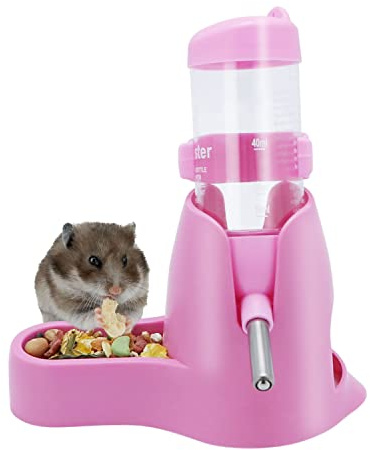 3 in 1 Hamster Hanging Water Bottle Pet Auto Dispenser with Base for Dwarf Hamster Mouse Rat Hedgehog (80ML, Pink)