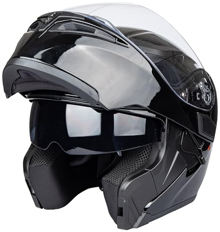 Flip-Up Motorcycle Helmet Dual Visor Sun Shield Flip up Modular Motocross DOT Approved Helmets (Medium, Gloss Black)