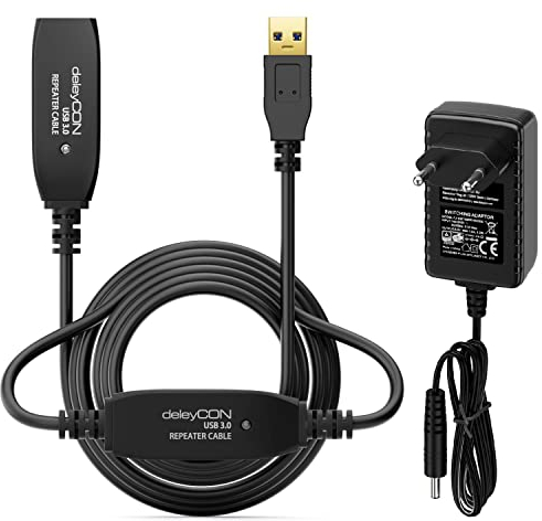 deleyCON 15m Aktives USB 3.0 Kabel Aktive Verlängerung mit 2 Signalverstärker & Netzteil USB3.0 Repeaterkabel Verlängerungskabel PC Computer Drucker Scanner