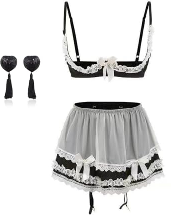 KFLY Women’s Sexy Cosplay Maid Costume Outfit Naughty Garter Belt Mini Dress Lace Quarter Cup Bra Panties Lingerie Set for Club Halloween Party with Nipple Cover