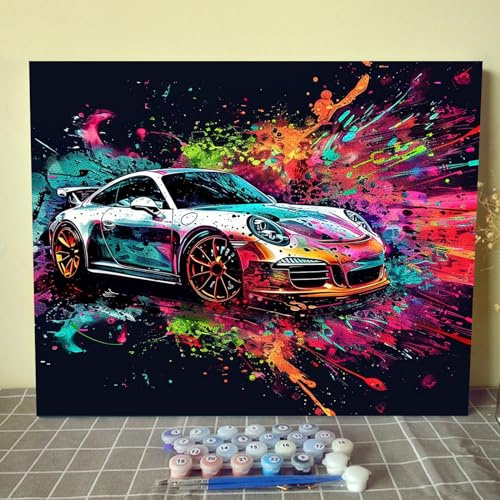 Tucocoo Hochleistungs-Sportauto-Malerei nach Zahlen für Erwachsene, DIY-Graffiti-Porsche-Ölgemälde-Sets auf Leinwand mit Pinseln und Acrylpigment, bunter Stil für Heimdekoration, 40,6 x 50,8 cm