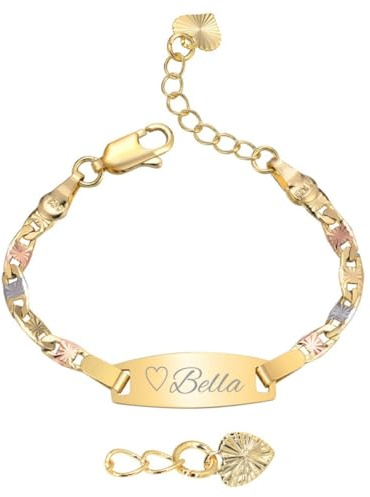 Personalized Baby ID Bracelet - 18K Gold Plated Tri-Color Chain Custom Name ID Plate Bar Bracelet for Children Toddler from Mom,Engraved Kid Name Customized Birthday,Back To School Gift for Daughter