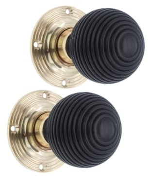 Infinity Decor Pair of Traditional Style Ebony Wood Beehive Rim Door Knobs Set 55mm Polished Brass Rose Wooden Handles – Suitable for Interior & Exterior Doors