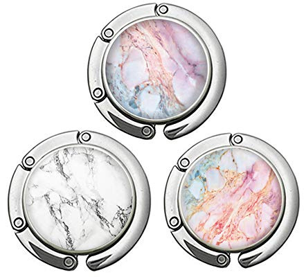 BOTRINUO Foldable Purse Hook for Table, 3-Pack Handbag Storage Folding Decor Table Hook, Women's Bag Hanger Holder (Marble A&B&C)
