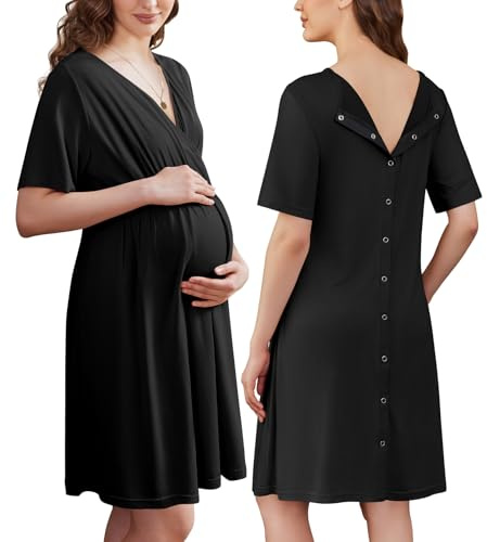 Ekouaer Labor and Delivery Gown for Hospital Short Sleeve Maternity Nursing Nightgown with Button Pregnancy Clothes Black S