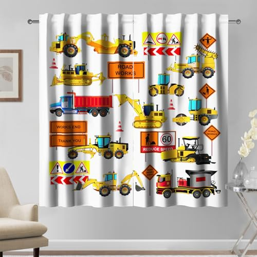 Kzzfqxb 107x160cm Tende Bambini 2 Pannelli, Macchinari Veicoli Cantiere Stradale Pavimentazione Camion Escavatore per Finestre, Decorazione per Bambini Ragazzi Camera da Letto Asilo Nido