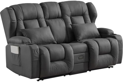 SAMERY Zweisitzer Relaxsessel mit Liegefunktion, 2er-Fernsehsessel Kinosessel 2 Sitzer TV Sessel Heimkino Sitze mit klappbare Mittelkonsole, 4 Getränkehalter (Anthrazit, 172 cm Zweisitzer)