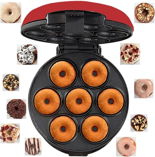 Mini Donut Maker, Non Stick 7-Hole Electric Doughnut Maker with Electric Non-stick Surface, Unique Thermostatic Design, Makes 7 Desserts, for Holiday, Breakfast or Snack, Desserts and More,R