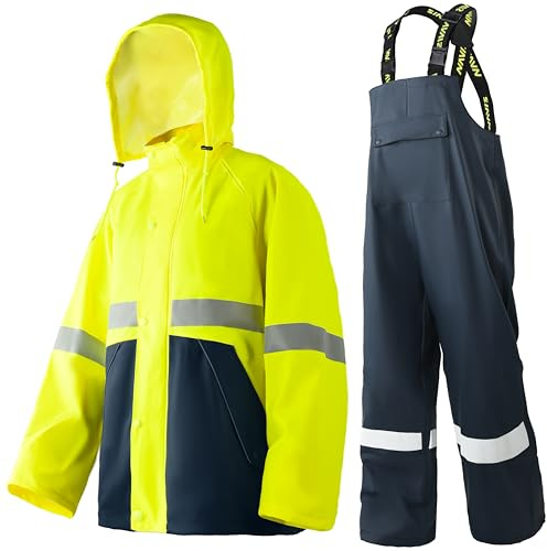 Navis Marine Traje de Lluvia Hombre – PU Resistente Impermeable y duradero con capucha y pantalón de tirantes, ideal para trabajo, pesca, construcción y actividades al aire libre(FYellow,L)