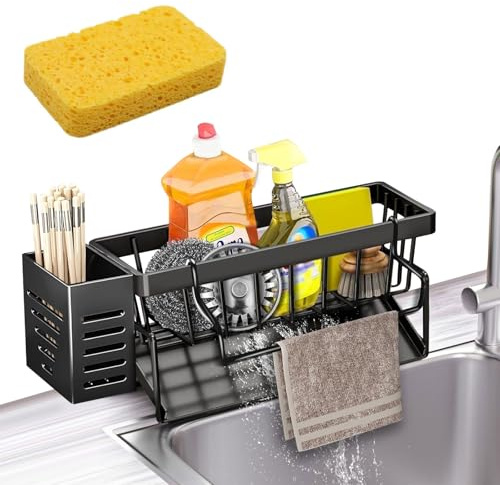Sink Organiser - Stainless Steel Sink Shelf Kitchen Slim Sink with Self-Draining Drain Tray and Dish Cloth Holder for Kitchen and Bathroom Organiser for Brushes Sponge Soap (Black)