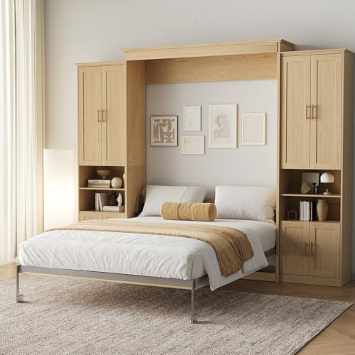BEQAI Queen Murphy Bed with Storage Cabinets & 6 Adjustable Shelves, Foldable Space-Saving Queen Wood Wall Bedframe with USB Charging Port, Hidden Bedframe for Guest Room, Bedroom, Natural Wood Color