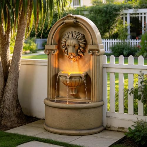 Tolevoit Majestic Lion Head Outdoor Water Fountain, 2-Tier Faux Bronze Floor Baroque Style with LED Lightswith LED Lights, Waterfall Fountains Fit Outside, Garden, Patio