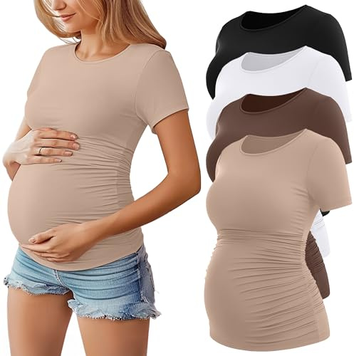 Geyoga - Confezione da 4 Magliette Premaman da Donna a Maniche Corte, con Scollo Rotondo e Arricciature Laterali(Nero, Cachi, caffè, Bianco,L)
