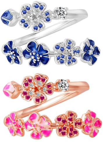 Kamise persika blomring, ny blå/rosa körsbärsblomma persikoblomma ring, justerbar körsbär öppna ringar med zirkon, present till födelsedag årsdag alla hjärtans dag kvinnor flickor smycken