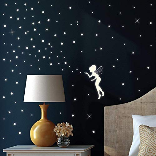 Wandtattoo Loft Leuchtsterne Kinderzimmer, Elfe mit Sternen und Punkten, 131 Stück, selbstklebende und fluoreszierende Lichtersterne, Nachtsterne, Leuchtende Sterne Aufkleber, Leuchtesterne Wand