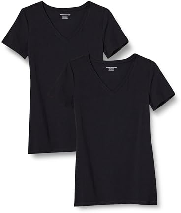 Amazon Essentials Camiseta de Manga Corta con Cuello en Pico y Corte Recto Mujer, Paquetes Múltiples