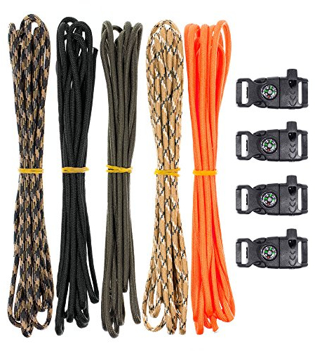 PARACORD PLANET Paracord Armband-Kit – Fire Starter Schnalle, Pfeife Schnalle, und Kompass Schnallen – Fit für Survival, Survival Gear Multi Color 850-5 Pack