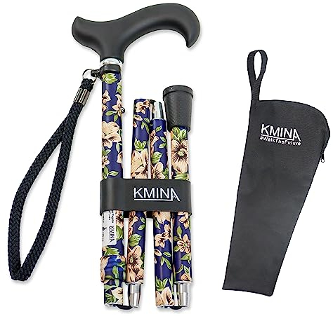 KMINA PRO - Gehstock Damen Blumen, Elegant Aluminium Höhenverstellbar, Herren Verstellbar, Blau faltbar