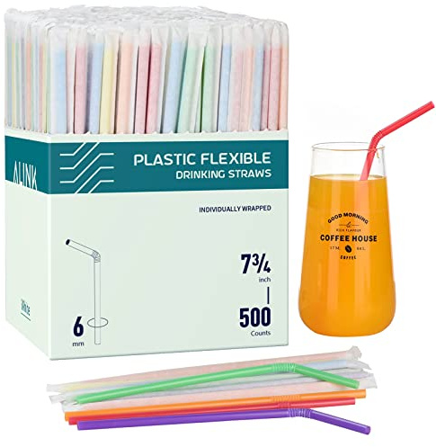 ALINK 500 Count Colorful Plastic Flexible Drinking Straws, Individually Wrapped Plastic Disposable Bendy Party Straws - 7.75 x 0.23