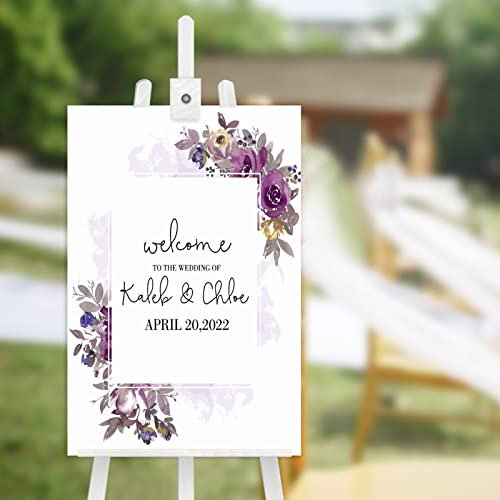 Violettes Willkommensschild aus Holz, mit Aufschrift Welcome to The Wedding of Sign, florales Hochzeitsschild für charmante Hochzeiten, 45,7 x 30,5 cm