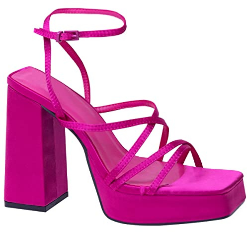 Womens Block High Heel Chunky Sandals Ladies Platform Cross Strap Square Toe Party Occasion Heeled Sexy Open Toe Strappy Comfort Dress Up Fashion Shoes