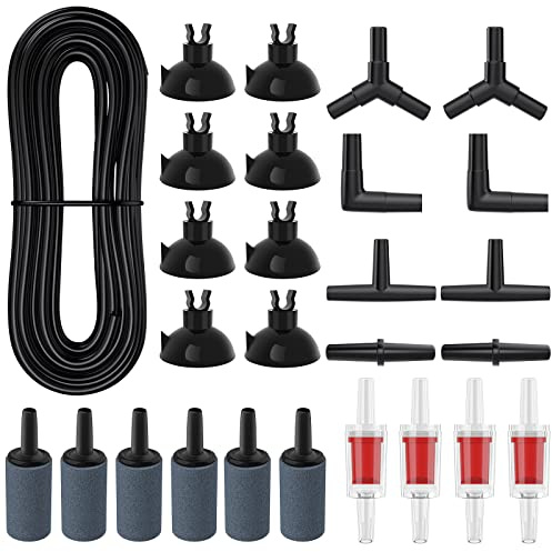 Pawfly Aquarium 25 Feet Black Airline Tubing Standard Air Pump Accessories Set with Air Stone Cylinders Connectors Suction Cups and Check Valves for Fish Tank Aeration Setup